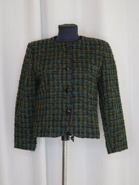 Vintage 90s Boxy Cropped Tweed Wool Plaid Jacket Sz 4